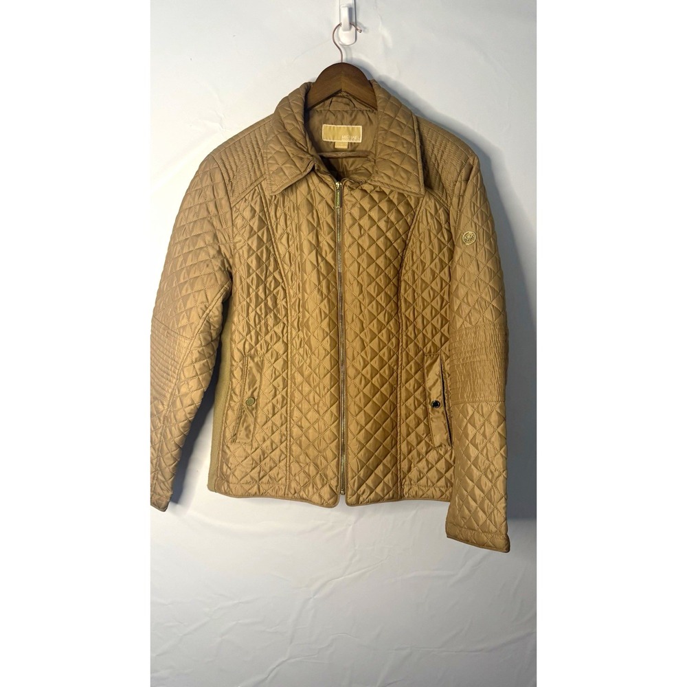 Michael Kors Womens Beige Quilted Zip Jacket Pockets Short Satin Size XL